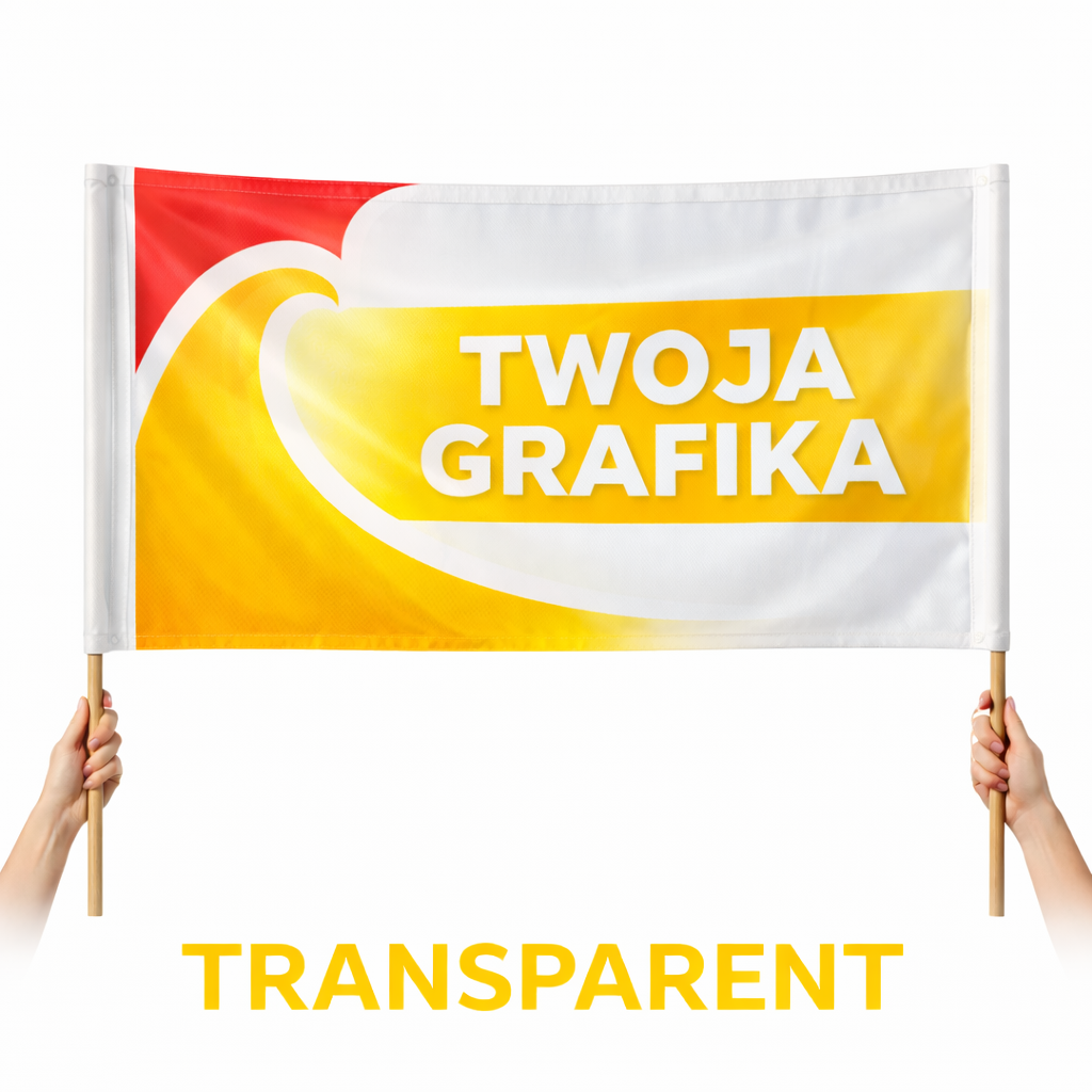 Flaga transparent reklamowa z tunelami po bokach i kijkiem, akcja protestacyjna